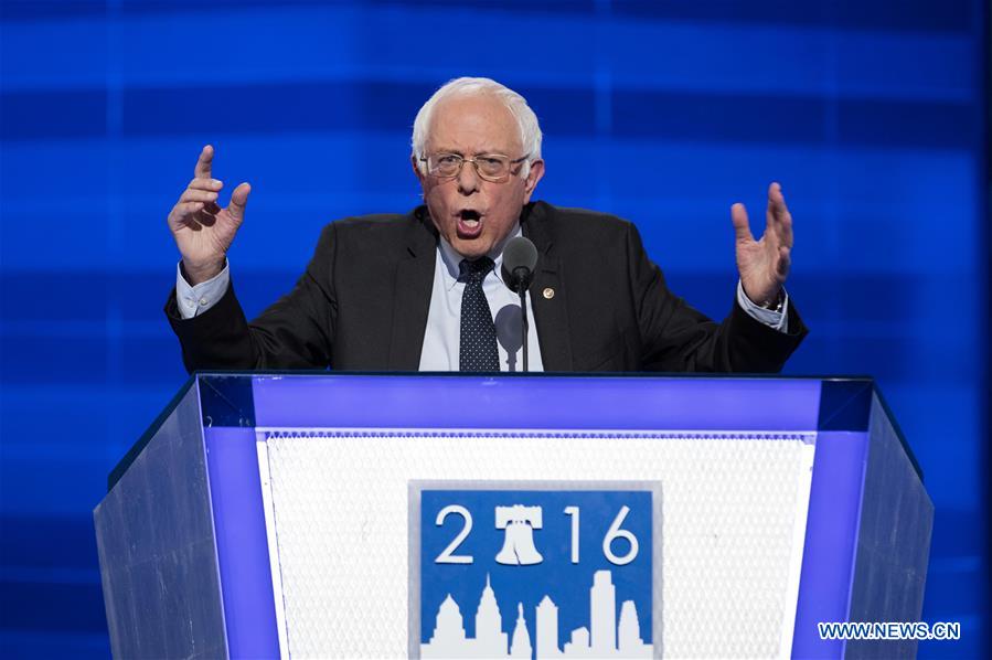 Senator Bernie Sanders delivers a speech on the first day of the 2016 U.S. Democratic National Convention in Philadelphia, Pennsylvania, the United States, on July 25, 2016. 