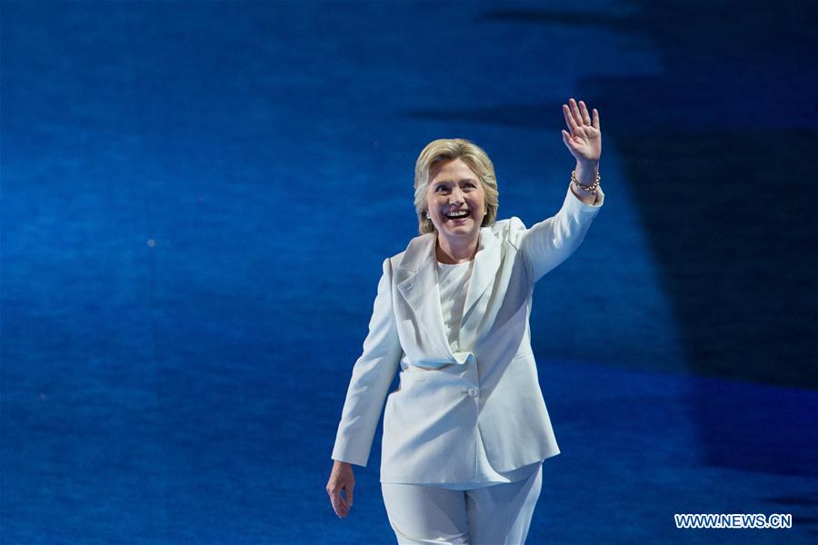 U.S. Democratic Presidential Candidate Hillary Clinton takes the stage on the last day of the 2016 U.S. Democratic National Convention at Wells Fargo Center, Philadelphia, Pennsylvania, the United States on July 28, 2016. 