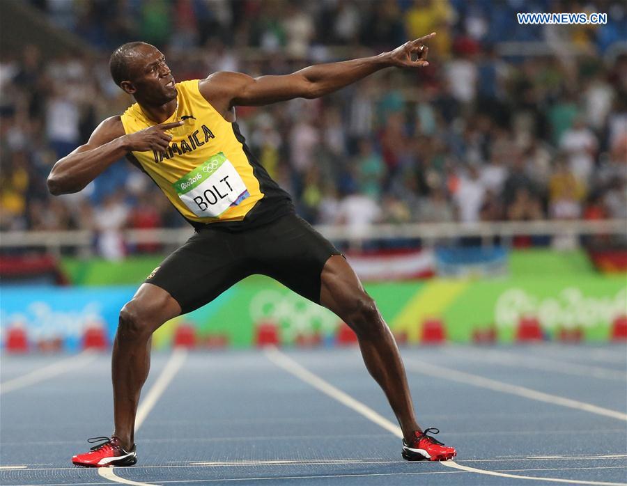 Jamaica's Usain Bolt celebrates after the men's 200m final of Athletics at the 2016 Rio Olympic Games in Rio de Janeiro, Brazil, on Aug. 18, 2016. 