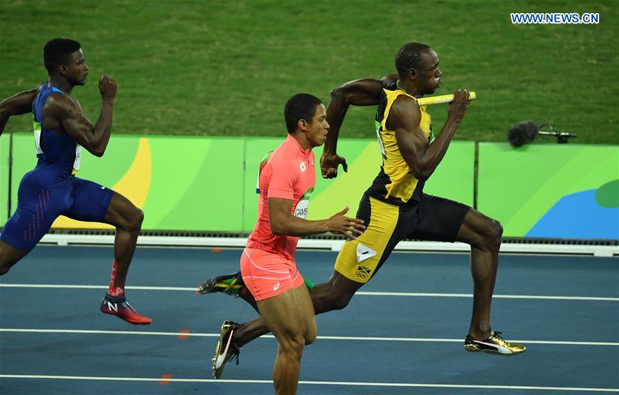 Jamaica's Usain Bolt (1st, R) sprints during the men's 4x100m relay final of Athletics at the 2016 Rio Olympic Games in Rio de Janeiro, Brazil, on Aug. 19, 2016. 