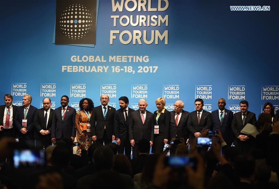 Delegates pose for a photograph at the World Tourism Forum Global Meeting in Istanbul, Turkey, on Feb. 16, 2017. 