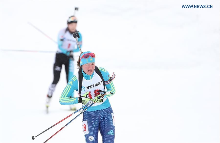Galina Vishnevskaya of Kazakhstan competes during the women's 7.5km sprint of Biathlon at the 2017 Sapporo Asian Winter Games in Sapporo, Japan, Feb. 23, 2017.
