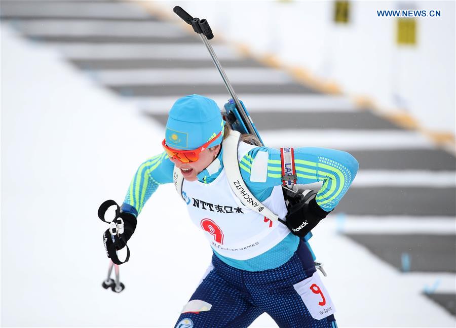 Alina Raikova of Kazakhstan competes during the women's 7.5km sprint of Biathlon at the 2017 Sapporo Asian Winter Games in Sapporo, Japan, Feb. 23, 2017. 
