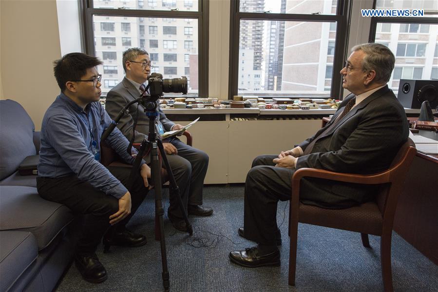 Jorge Chediek (R), the UN secretary-general's envoy on South-South cooperation, speaks during an exclusive interview with Xinhua News Agency in New York, the United States, on March 3, 2017. 
