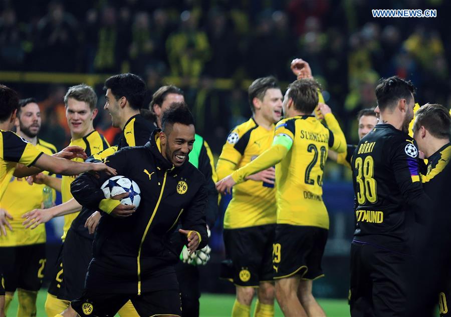 Players of Borussia Dortmund celebrate after winning the UEFA Champions League Round of 16 second leg match between Borussia Dortmund and SL Benfica at Signal Iduna Park in Dortmund, Germany, on March 8, 2017. 