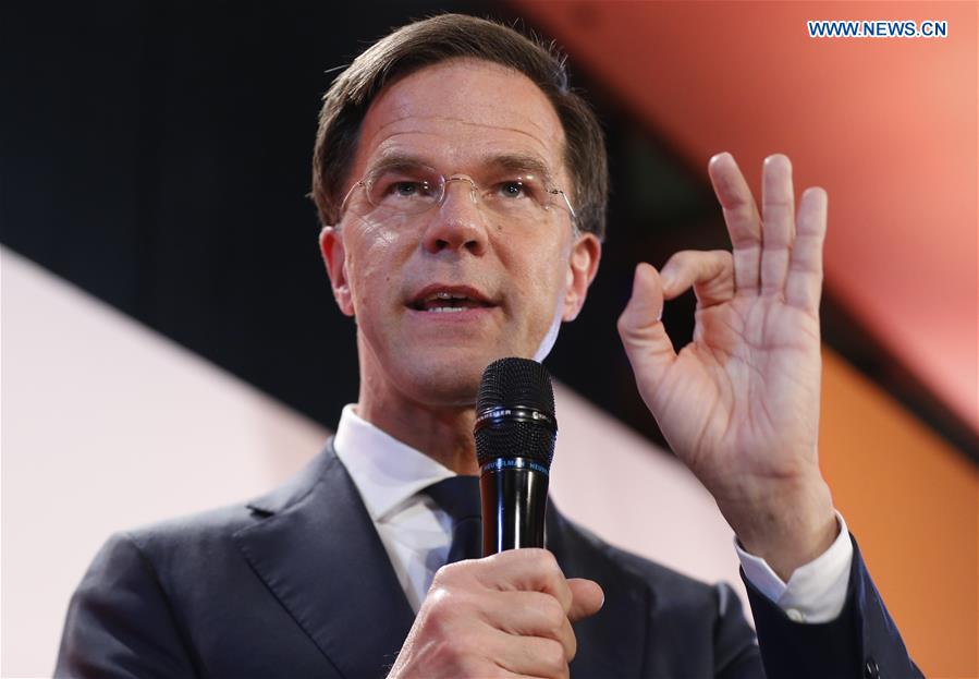 Dutch Prime Minister and People's Party for Freedom and Democracy VVD leader Mark Rutte speaks during election night for his liberal rightist party VVD in The Hague, the Netherlands, on March 15, 2017.