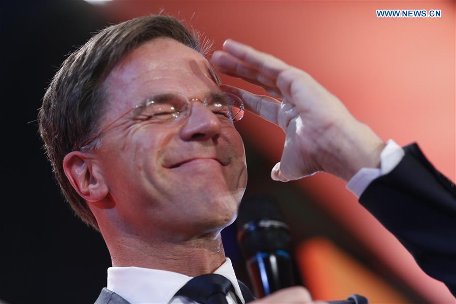 Dutch Prime Minister and People's Party for Freedom and Democracy VVD leader Mark Rutte gestures during election night for his liberal rightist party VVD in The Hague, the Netherlands, on March 15, 2017.