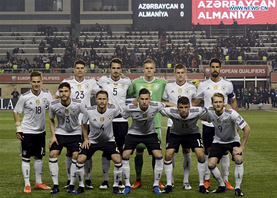 Players of Germany line up ahead of the FIFA World Cup 2018 European Qualifiers Group C match between Azerbaijan and Germany in Baku, Azerbaijan, March 26, 2017. 