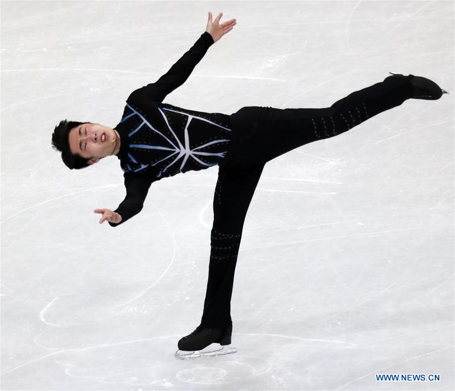 Jin Boyang of China performs during Men Short Program at ISU World Figure Skating Championships 2017 in Helsinki, Finland on March 30, 2017. Jin took the fourth place after the short program with 98.64 points. (Xinhua/Liu Lihang)