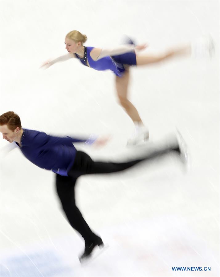 Evgenia Tarasova (Top) and Vladimir Morozov of Russia perform during Pair Free Skating at ISU World Figure Skating Championships 2017 in Helsinki, Finland on March 30, 2017. Tarasova and Morozov took the third place with 219.03 points in total. (Xinhua/Liu Lihang)