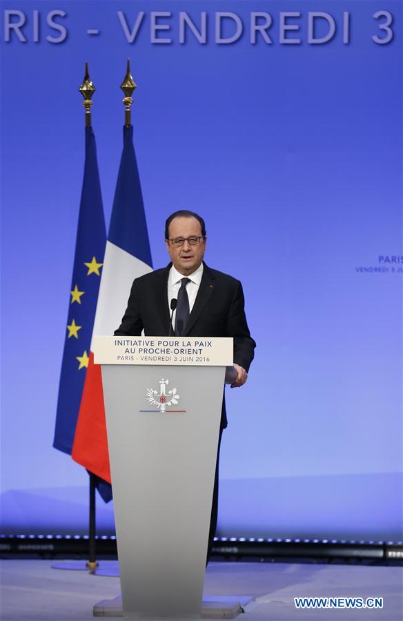 French President Francois Hollande addresses the Peace Initiatives in the Middle East Conference in Paris, France, June 3, 2016.