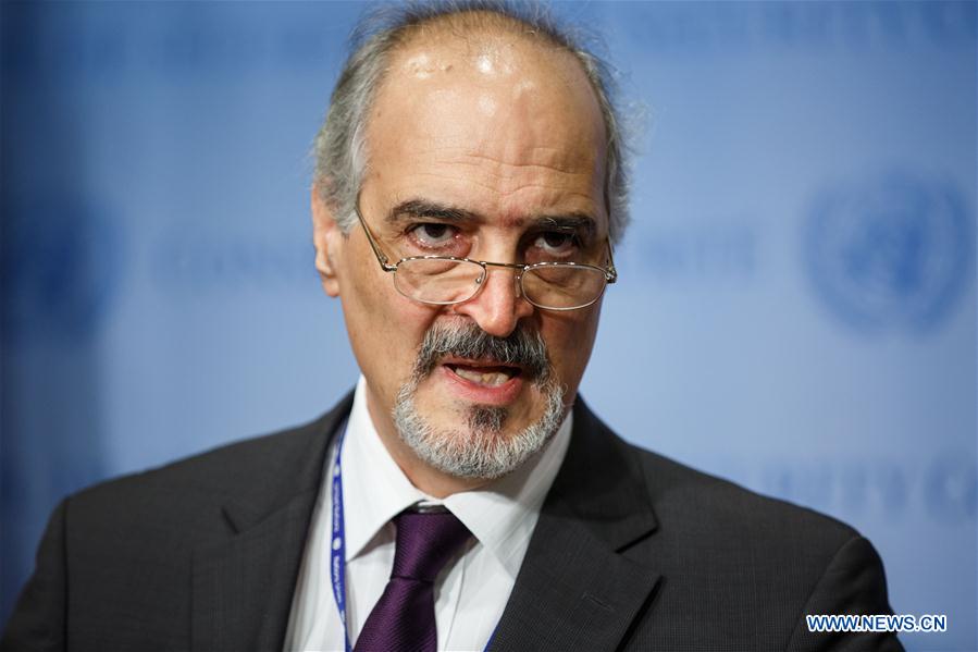 Bashar Ja'afari, Syria's Permanent Representative to the United Nations, speaks to journalists after a Security Council closed consultation on Syria, at the UN headquarters in New York, June 3, 2016.