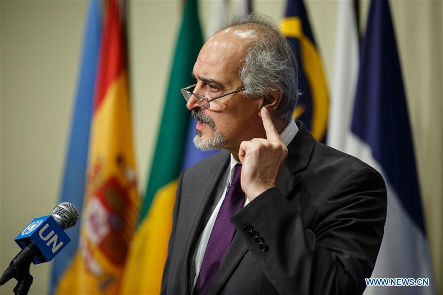 Bashar Ja'afari, Syria's Permanent Representative to the United Nations, speaks to journalists after a Security Council closed consultation on Syria, at the UN headquarters in New York, June 3, 2016.