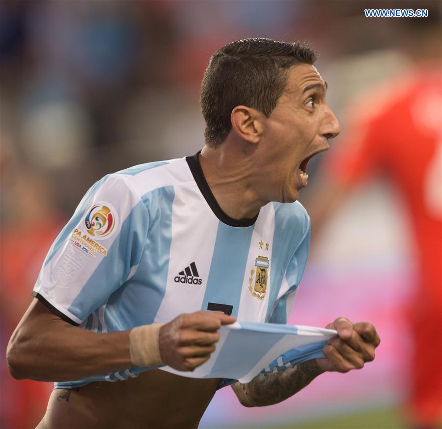 Argentina's Angel Di Maria celebrates after scoring during the Copa America Centenario Group D match between Argentina and Chile at the Levi's Stadium in Santa Clara, California, the United States, June 6, 2016. 