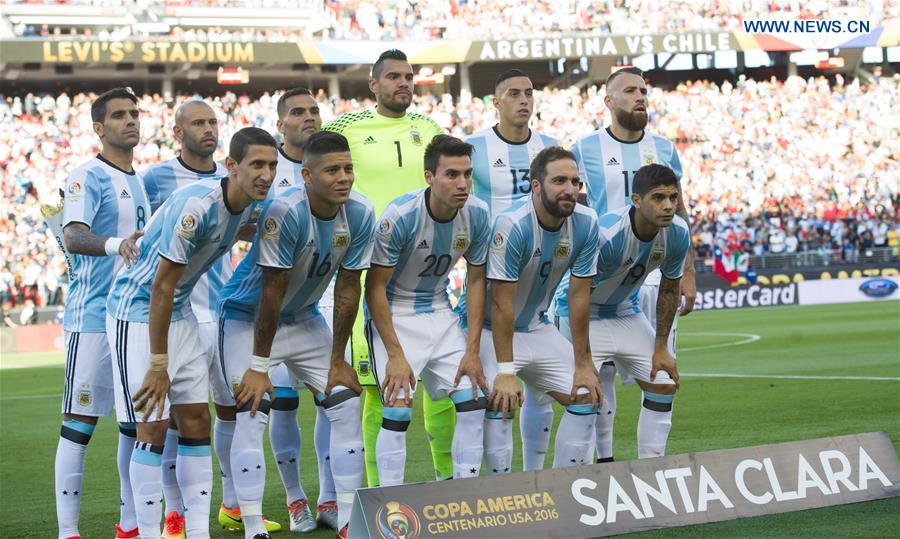 Starting players of Argentina line up before the Copa America Centenario Group D match between Argentina and Chile at the Levi's Stadium in Santa Clara, California, the United States, June 6, 2016. 