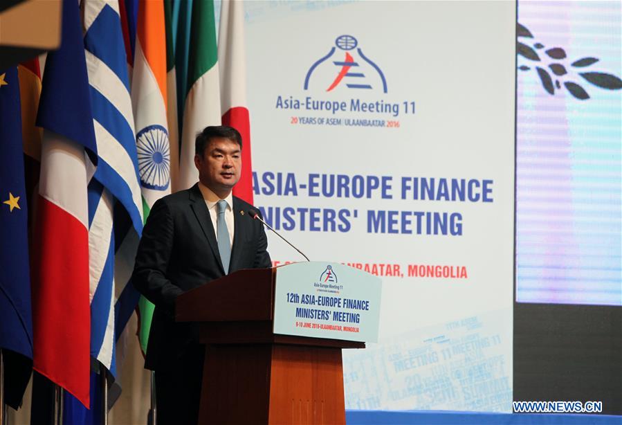 Mongolian Prime Minister Chimed Saikhanbileg speaks at the 12th Asia-Europe Finance Ministers' Meeting in Ulan Bator, Mongolia, June 10, 2016.