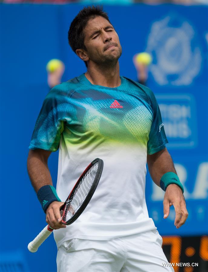 (Fernando Verdasco of Spain reacts during his singles first round match against Stan Wawrinka of Switzerland during day two of the ATP-500 Aegon Championships at the Queen's Club in London, Britain on June 14, 2016.