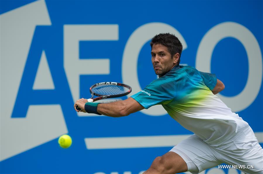 Fernando Verdasco of Spain reacts during his singles first round match against Stan Wawrinka of Switzerland during day two of the ATP-500 Aegon Championships at the Queen's Club in London, Britain on June 14, 2016.