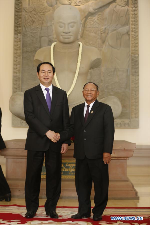Cambodian Senate President Samdech Say Chhum (R) walks with visiting Vietnamese President Tran Dai Quang in Phnom Penh, Cambodia, on June 15, 2016. 