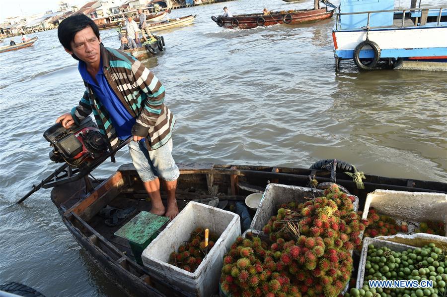 A Vietnamese vendor sells fruits in Can Tho's largest floating market Cai Rang, Vietnam, June 21, 2016