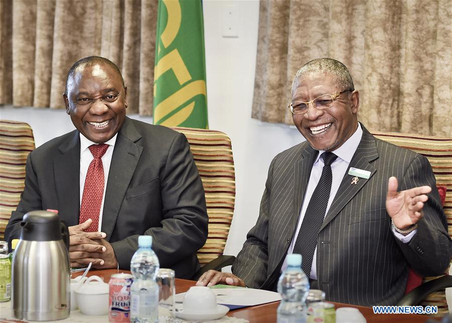 Visiting South African Deputy President Cyril Ramaphosa (R) addresses the media with Lesotho's Prime Minister Phakalitha Mosisili, in Maseru, Lesotho, June 23, 2016.