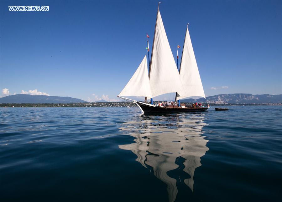 Vintage schooner Neptune sails with passengers on Lake Leman near Geneva, Switzerland, June 23, 2016.