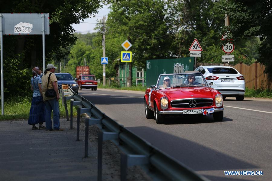 A car is seen during 'Bosch Moskau Klassik rally' racing in Moscow, capital of Russia, on June 26, 2016. 