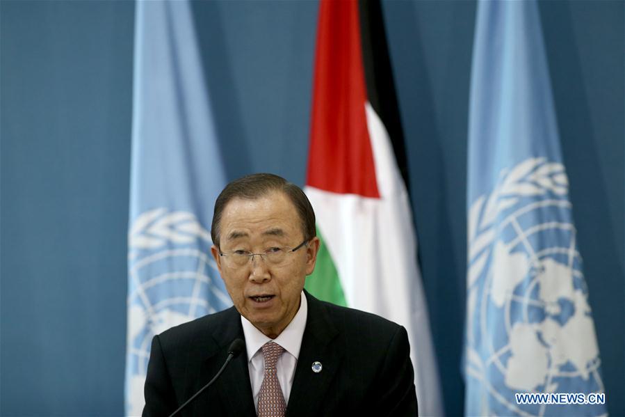 United Nations Secretary General Ban Ki-moon attends a joint press conference with Palestinian President Mahmoud Abbas(not in the picture) in the West Bank city of Ramallah, on June 28, 2016. 