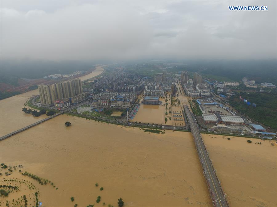 Aerial photo taken on July 2, 2016 shows the flooded area in Rongjiang County, southwest China's Guizhou Province. 