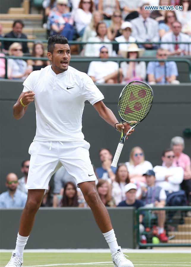 Nick Kyrgios of Australia celebrates during the men's singles third round match with Feliciano Lopez of Spain on Middle Sunday at The 2016 Wimbledon Championships in London, Britain on July 3, 2016. 