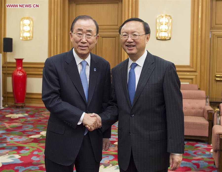  Chinese State Councilor Yang Jiechi (R) meets with UN Secretary-general Ban Ki-moon in Beijing, capital of China, July 8, 2016. (Xinhua/Xie Huanchi)