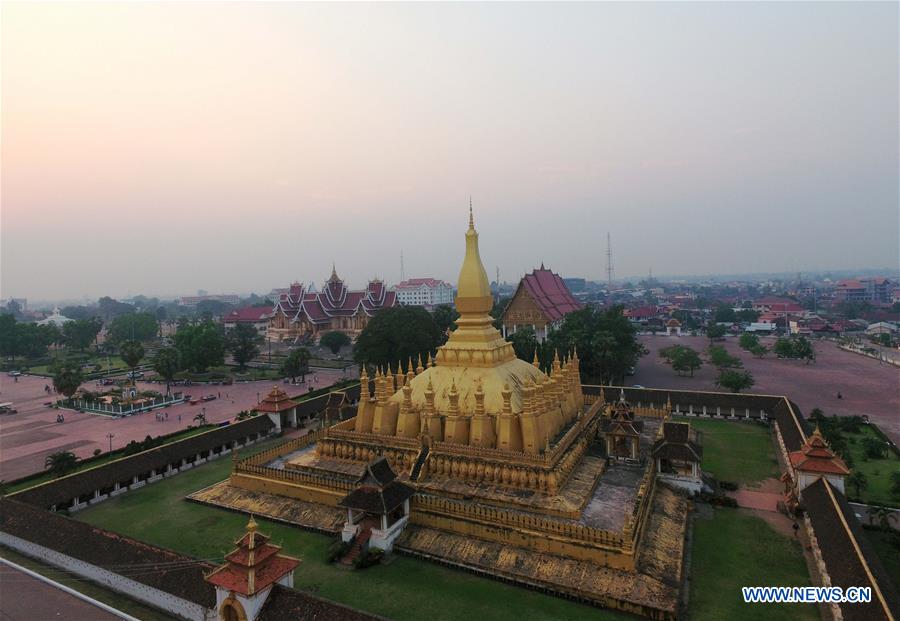 A bird's eye view shows That Luang in Vientiane, Laos, on July 10, 2016. 