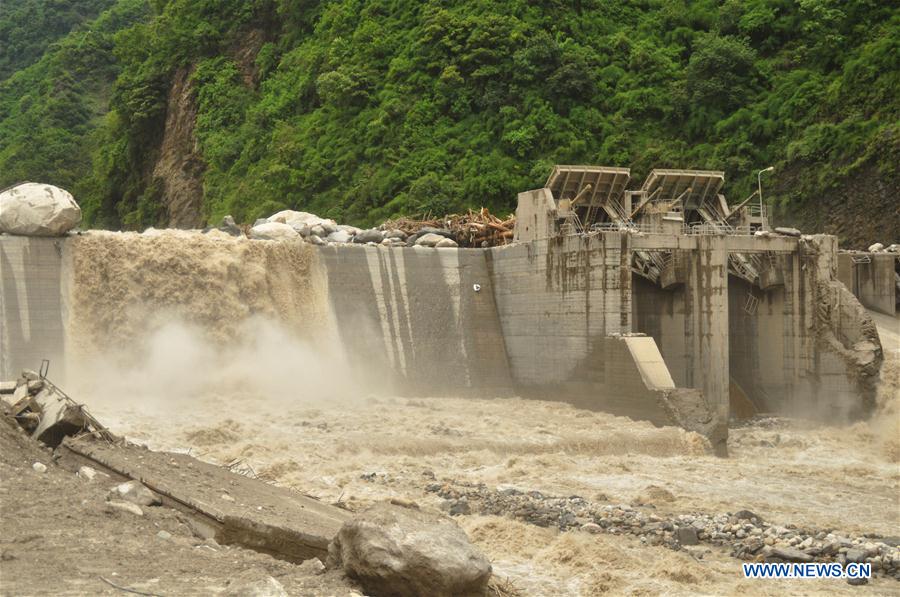 Photo taken on July 10, 2016 shows the damaged dam of Upper Bhotekoshi Hydropower Project on the Bhotekoshi River in Sindhupalchowk, Nepal. 