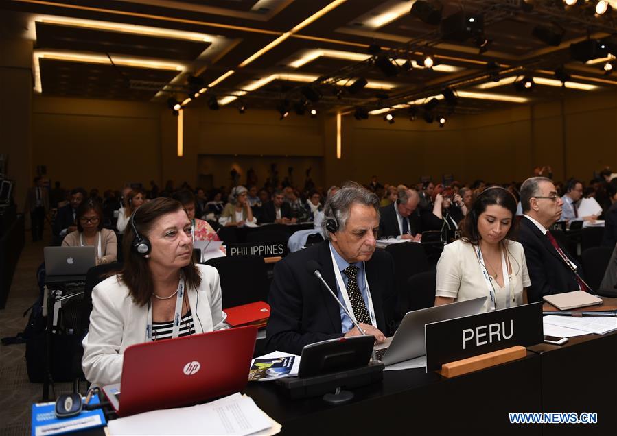 Chairperson of the 40th session of World Heritage Committee Lale Ulker (L) hosts the meeting in Istanbul, Turkey, on July 17, 2016.