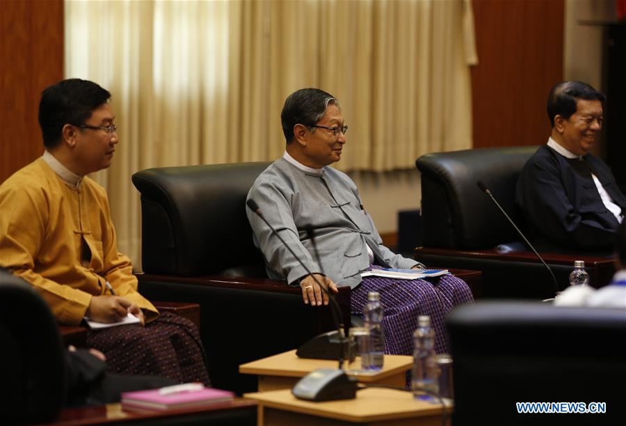 U Kyaw Tint Swe (C), Minister of the State Counselor' Office, attends a meeting between Myanmar State Counsellor Aung San Suu Kyi and leaders of the United Nationalities Federal Council (UNFC) in Yangon, Myanmar, July 17, 2016.