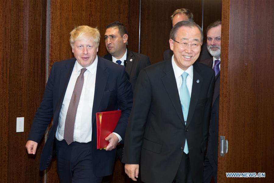 British Foreign Secretary Boris Johnson(1st R) meets with United Nations Secretary-General Ban Ki-moon(1st L) at the UN headquarters in New York, July 22, 2016