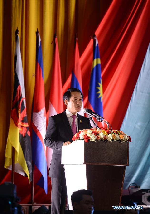 Lao Prime Minister Thongloun Sisoulith addresses the opening ceremony of the ASEAN Foreign Ministers Meeting in Vientiane, Laos, July 24, 2016.