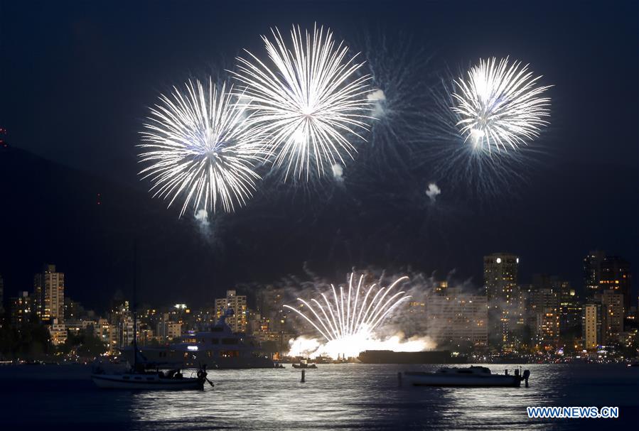 Team Netherlands displays its fireworks show during the 26th Celebration of Light at English Bay in Vancouver, Canada, on July 23, 2016. 