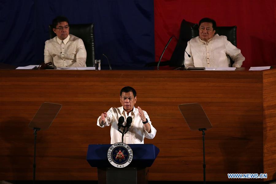 Philippine President Rodrigo Duterte delivers his speech during the State of the Nation Address in Quezon City, the Philippines, July 25, 2016.