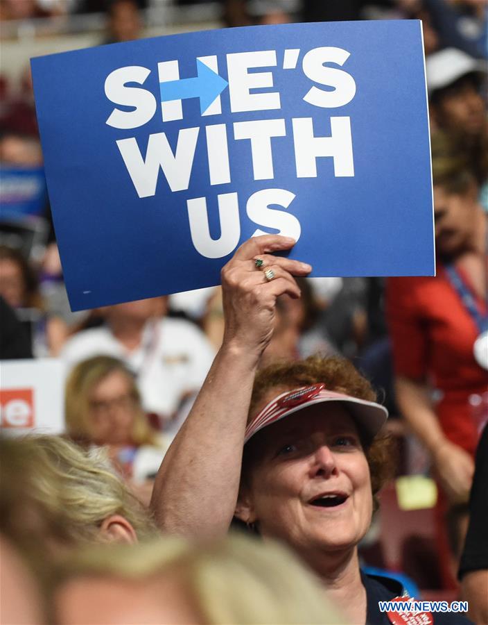  A supporter of Hillary Clinton cheers at the U.S. Democratic National Convention at Wells Fargo Center, Philadelphia, the United States on July 26, 2016.