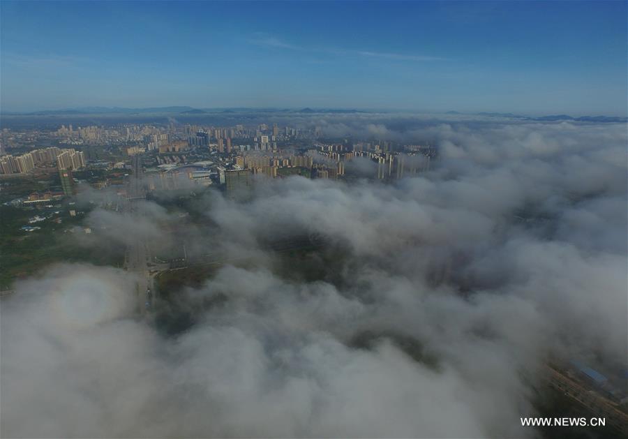 Photo taken on July 30, 2016 shows Qinzhou City enveloped by fog in south China's Guangxi Zhuang Autonomous Region. 