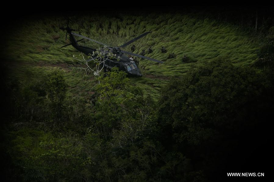 Members of the jungle group of the Counter-narcotics Police aboard a chopper take action in a rural zone of Calamar Municipality, Guaviare Department, Colombia, on Aug. 2, 2016.