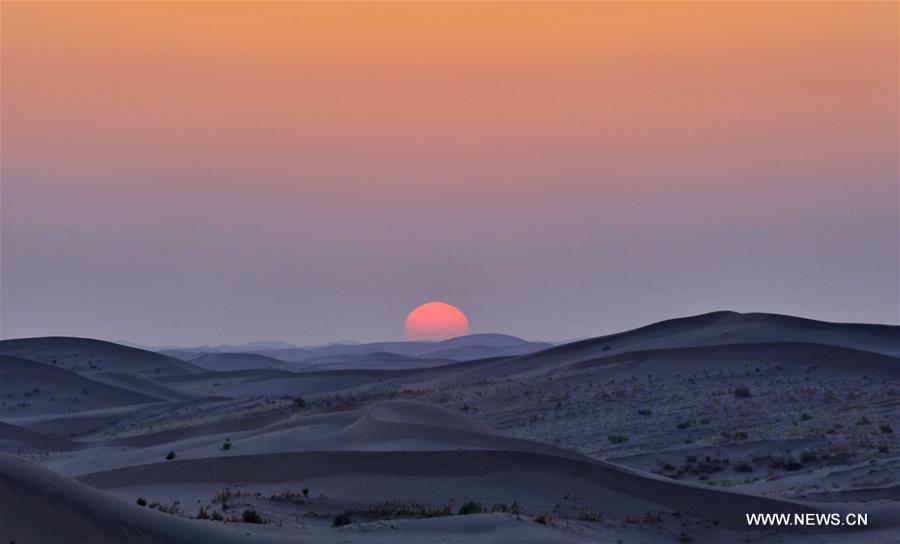 Photo taken on Aug. 5, 2016 shows the sunrise on the Tengger Desert in Wuwei, northwest China's Gansu Province. (Xinhua/Jiang Aiping)