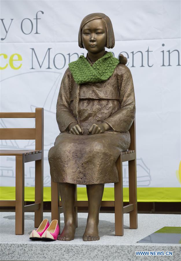 The designer of the statue talks about the idea of this statue during the unveiling of a 'comfort women' statue in Sydney, Australia, Aug. 6, 2016.
