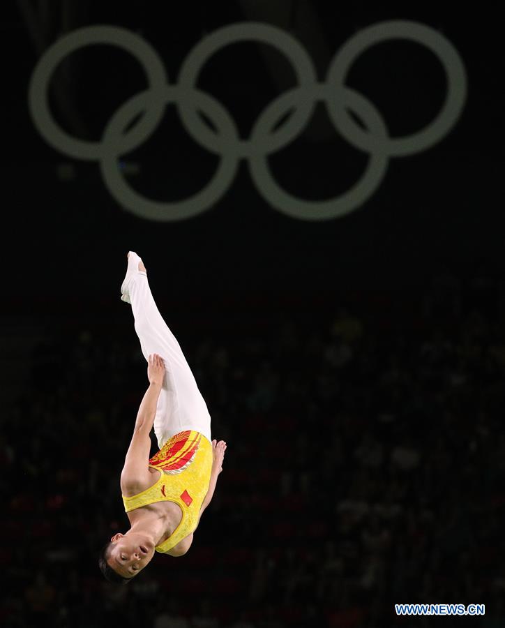 China's Dong Dong competes during the men's final of Trampoline Gymnastics at the 2016 Rio Olympic Games in Rio de Janeiro, Brazil, on Aug. 13, 2016. 