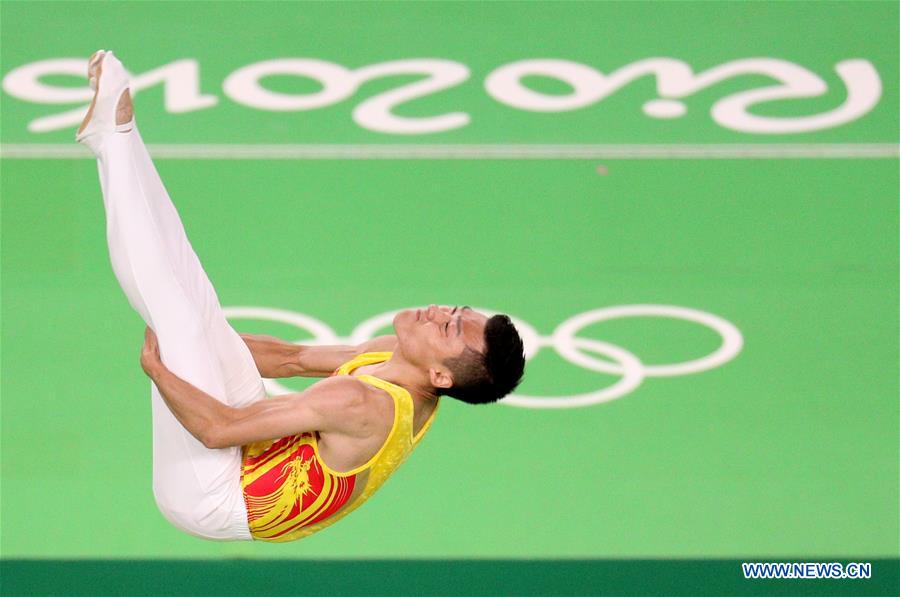 China's Dong Dong competes during the men's final of Trampoline Gymnastics at the 2016 Rio Olympic Games in Rio de Janeiro, Brazil, on Aug. 13, 2016. 