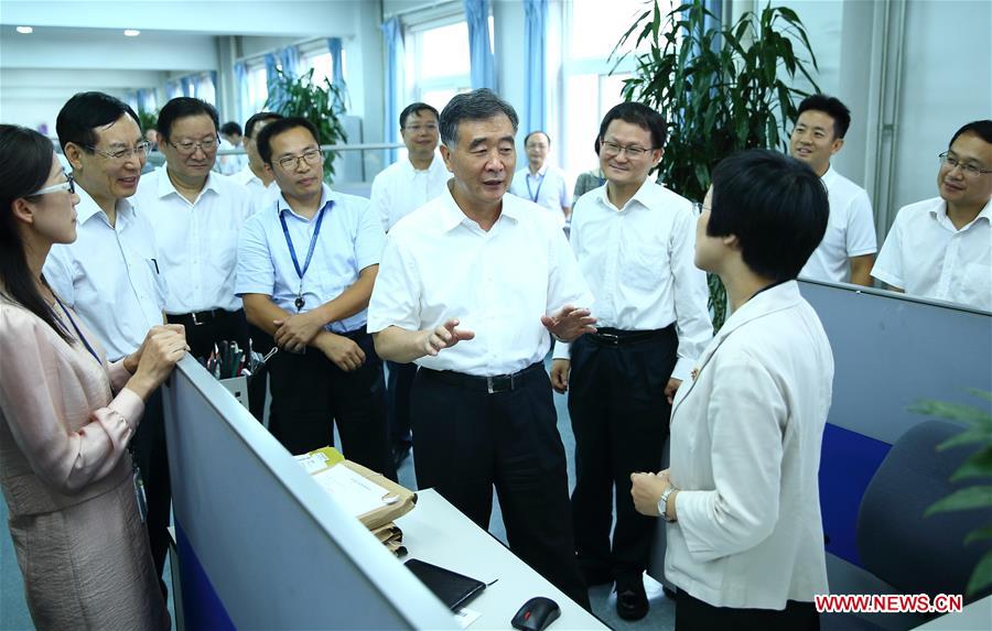 Chinese Vice Premier Wang Yang (C) inspects China Food and Drug Administration in Beijing, capital of China, Aug. 18, 2016. (Xinhua/Ding Haitao)