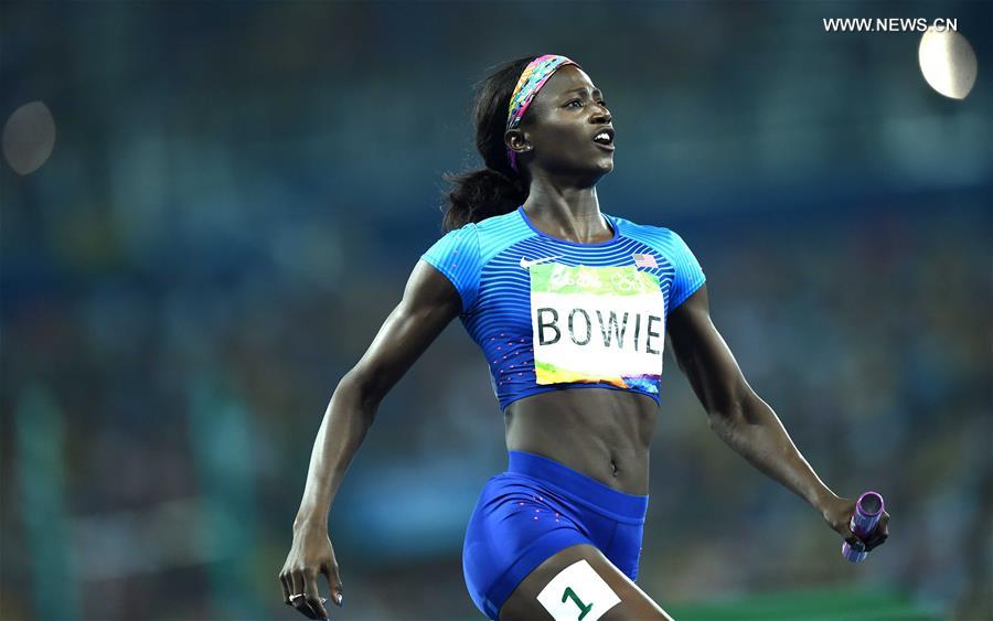 Tori Bowie of the United States of America reacts after crossing the finish line during the women's 4 x 100m relay final of Athletics at the 2016 Rio Olympic Games in Rio de Janeiro, Brazil, on Aug. 19, 2016. 