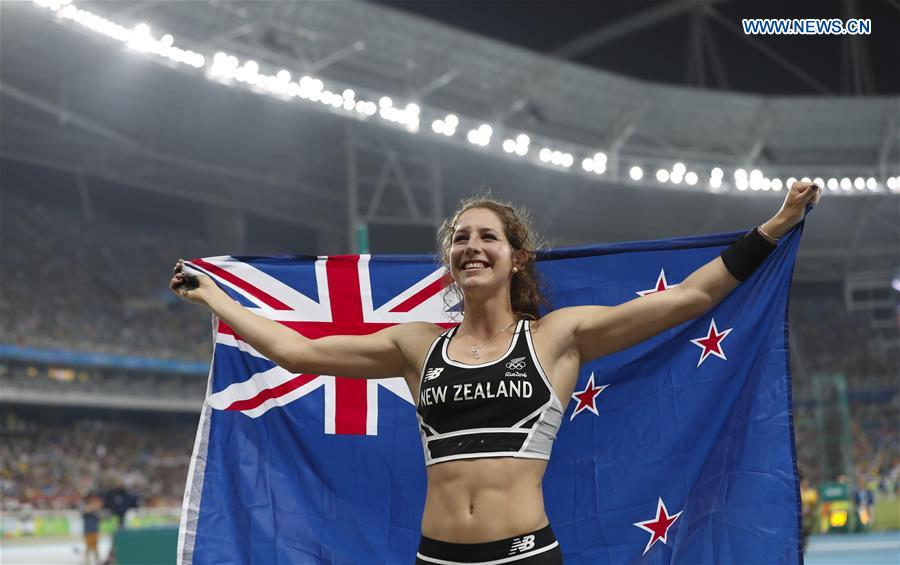 New Zealand's Eliza McCartney celebrates after the women's pole vault final of Athletics at the 2016 Rio Olympic Games in Rio de Janeiro, Brazil, on Aug. 19, 2016. 