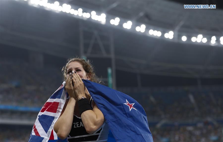 New Zealand's Eliza McCartney reacts after the women's pole vault final of Athletics at the 2016 Rio Olympic Games in Rio de Janeiro, Brazil, on Aug. 19, 2016. 